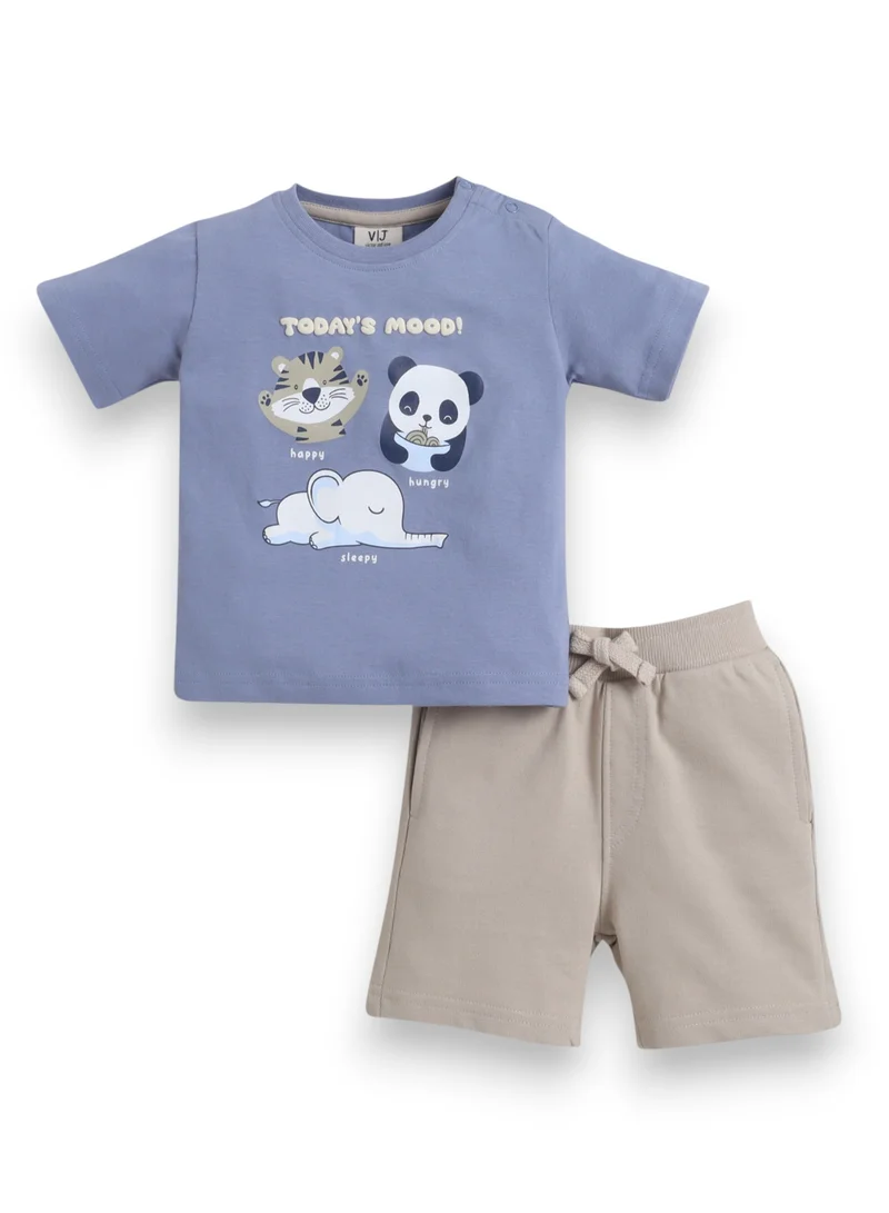 فكتور اند جين طقم تي شيرت وشورت للأولاد بطبعة حيوانات لطيفة بياقة دائرية